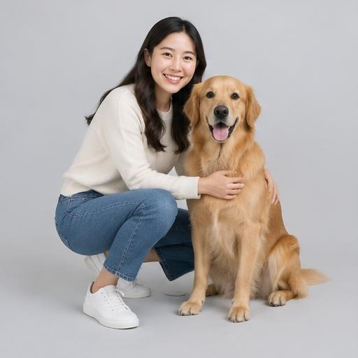 狗狗 主人蹲下陪伴寵物風格示意