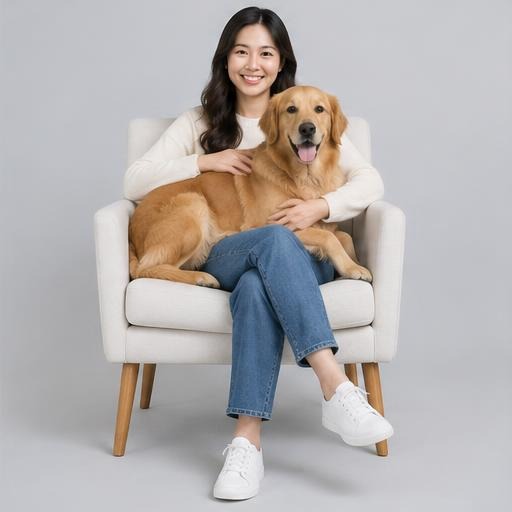 狗狗 寵物坐在主人腿上風格示意